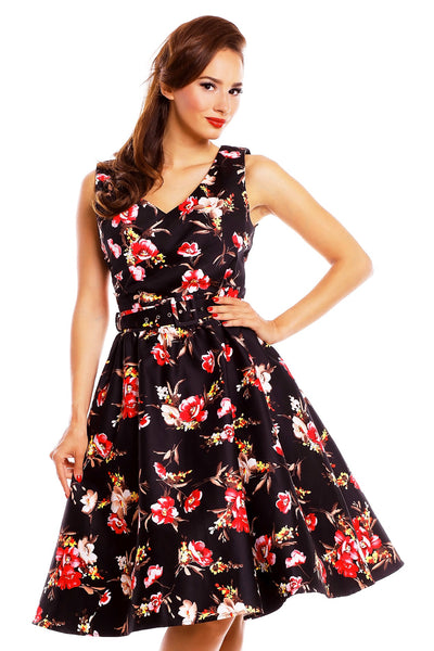 V-neck 50s Style Swing Dress in Black-Pink Floral