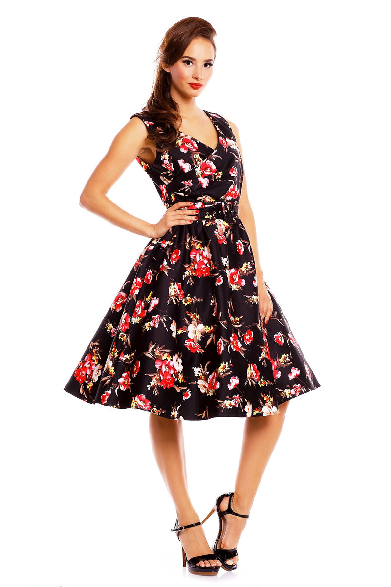 V-neck 50s Style Swing Dress in Black-Pink Floral