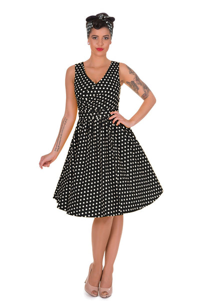 V-neck 50s Style Swing Dress in Black Polka Dot