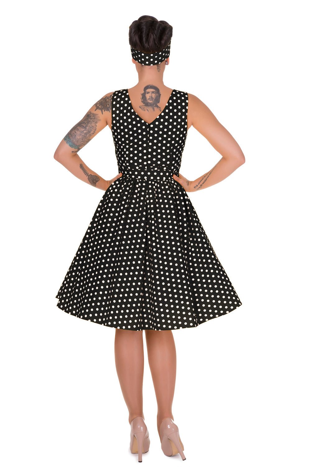 V-neck 50s Style Swing Dress in Black Polka Dot