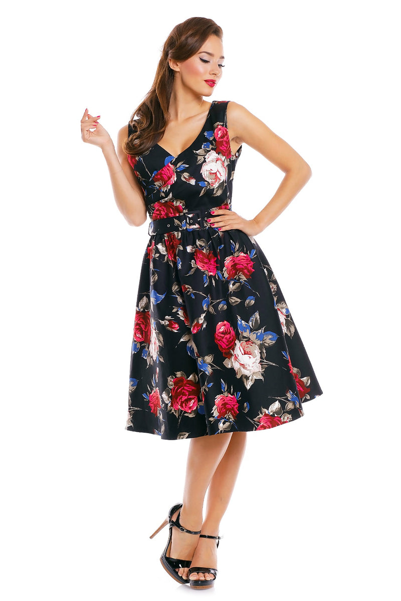 V-neck 50s Style Swing Dress in Black-Red Floral