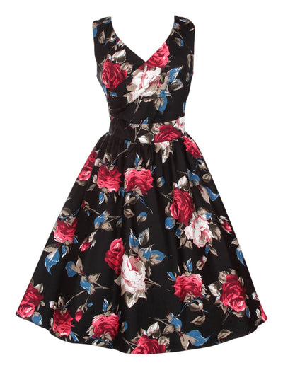 V-neck 50s Style Swing Dress in Black-Red Floral