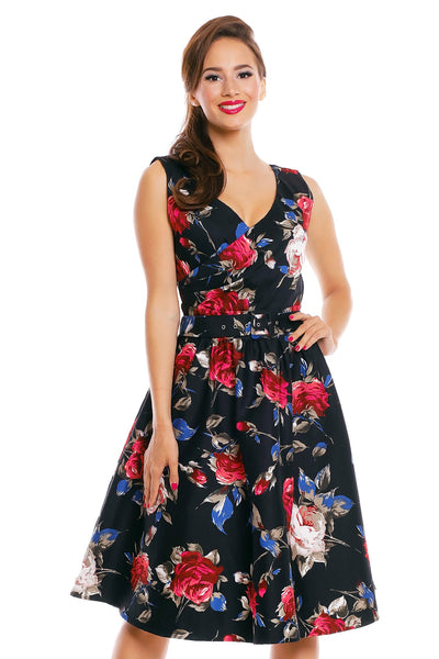 V-neck 50s Style Swing Dress in Black-Red Floral