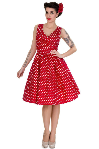V-neck 50s Style Swing Dress in Red Polka