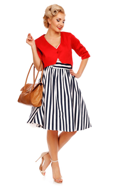 V-neck 50s Style Swing Dress in White & Blue Striped