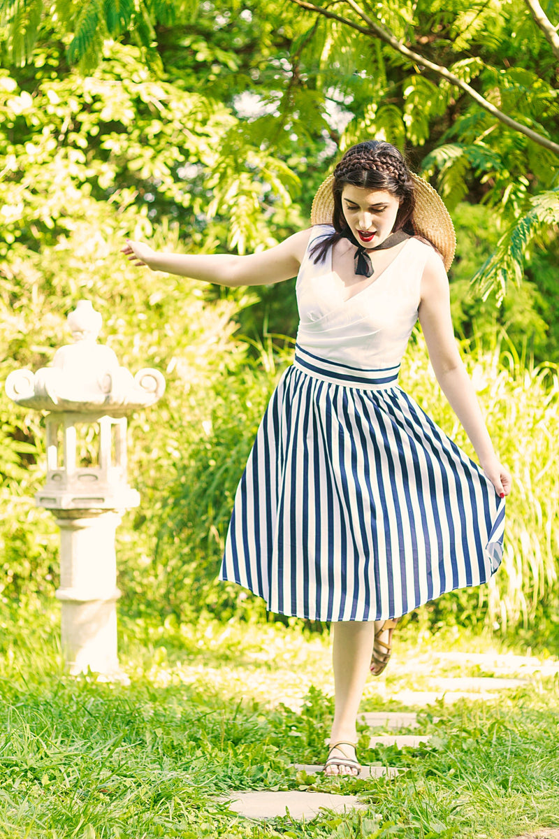 V-neck 50s Style Swing Dress in White & Blue Striped