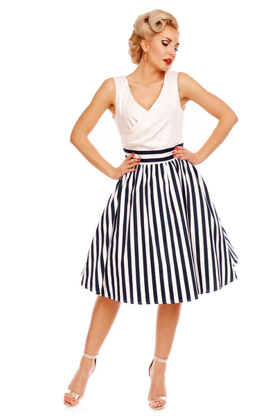 V-neck 50s Style Swing Dress in White & Blue Striped