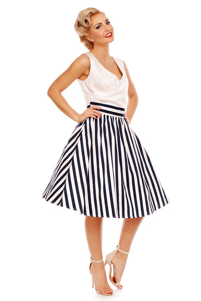 V-neck 50s Style Swing Dress in White & Blue Striped