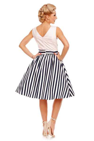 V-neck 50s Style Swing Dress in White & Blue Striped
