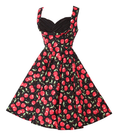Our Grace ruffled bust dress, in black/red cherry print, side view