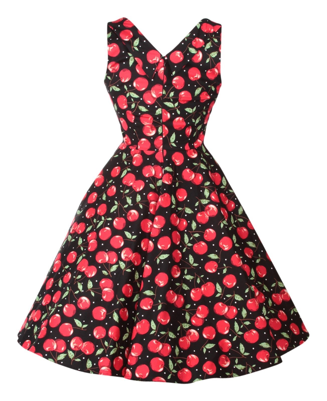 Our Grace ruffled bust dress, in black/red cherry print, back view