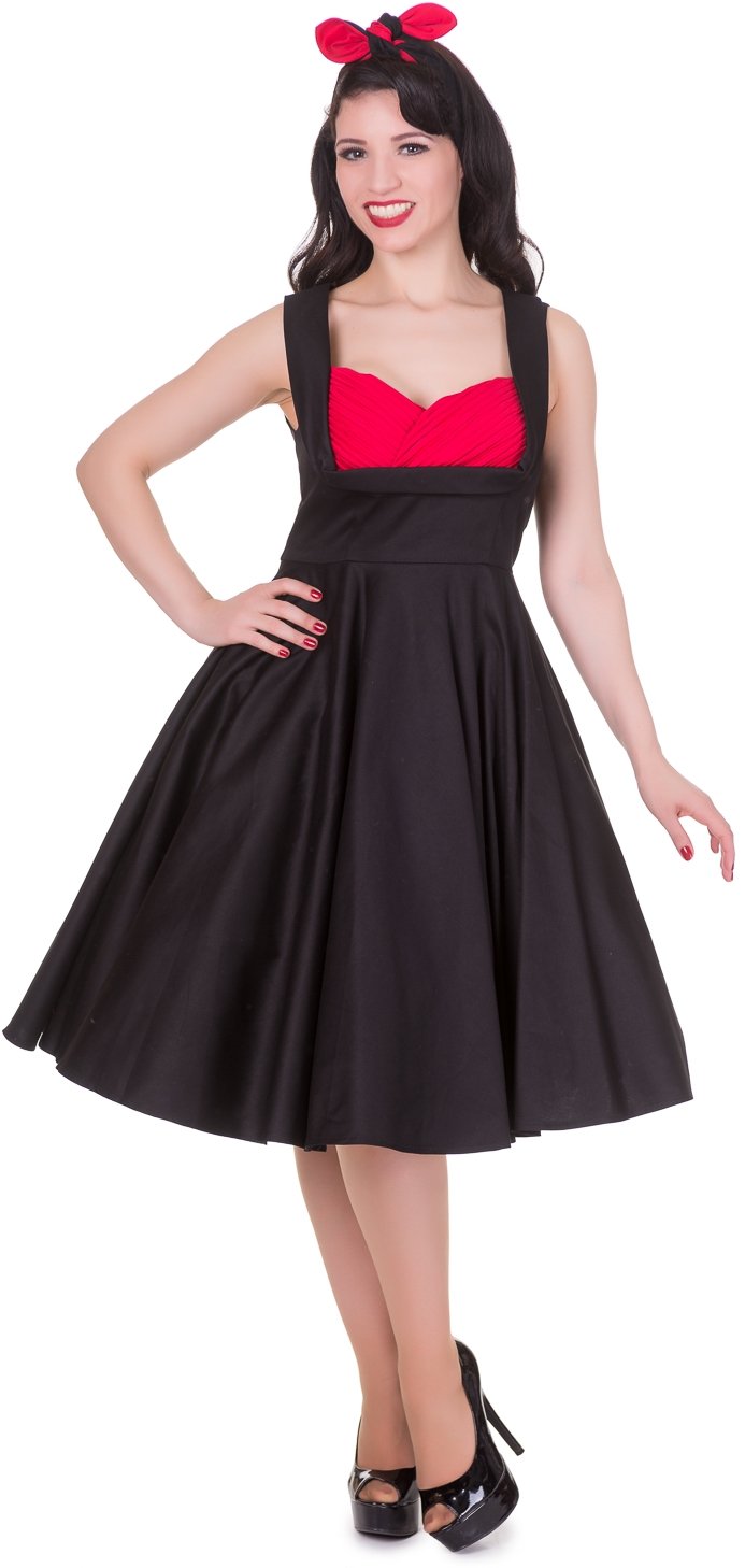 Model wearing our Grace Jive dress in black and red, front view