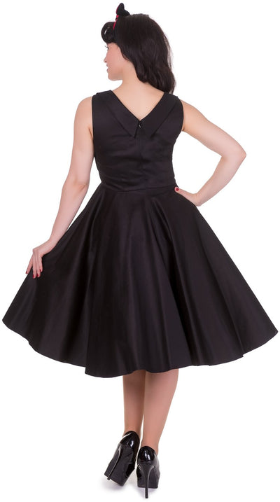 Model wearing our Grace Jive dress in black and red, back view