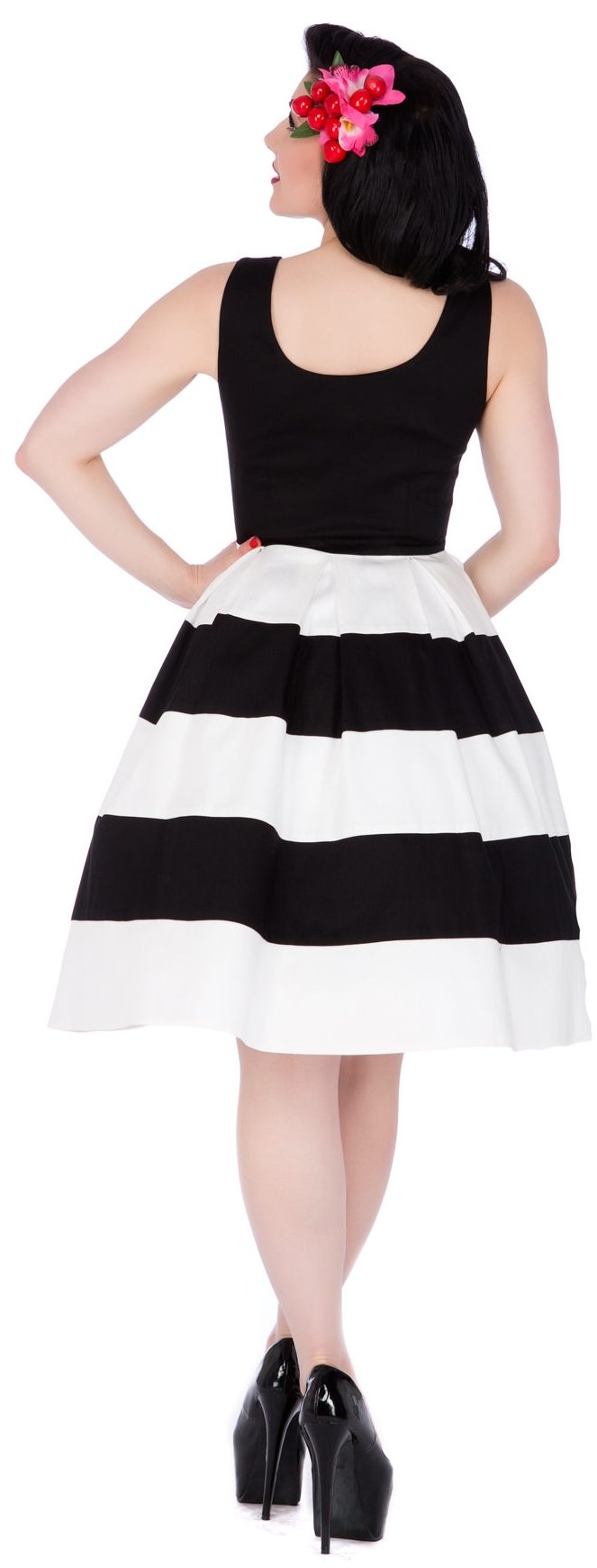 Model wearing our black and white striped Anna sleeveless dress, back view