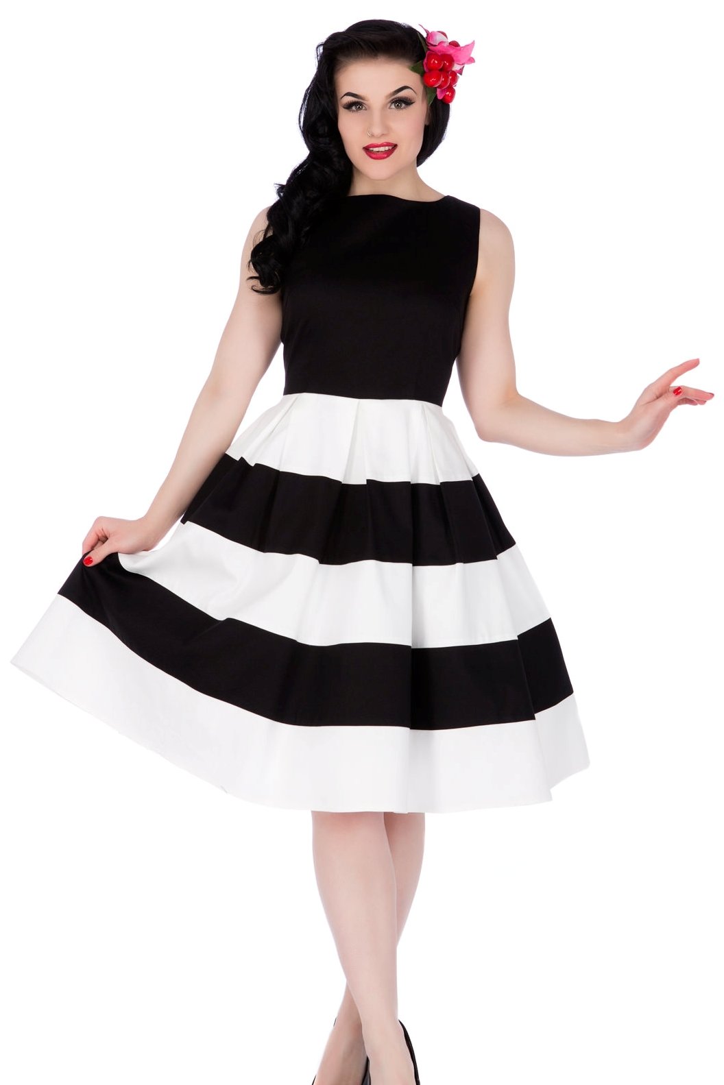 Model wearing our black and white striped Anna sleeveless dress