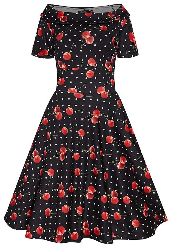 Darlene Retro Cherry & White Polka Dots Swing Dress in Black
