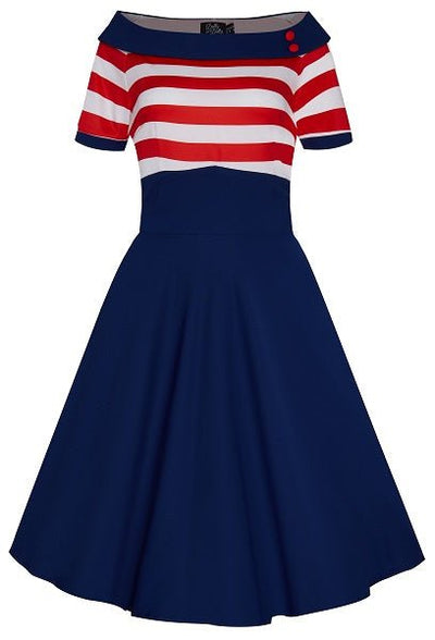 Darlene short sleeve dress in navy blue, with red and white stripes, front view