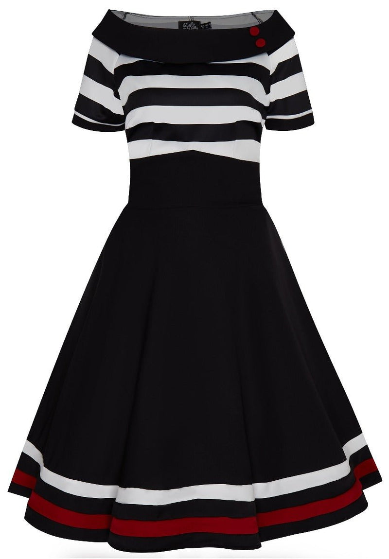 Darlene Nautical Short Sleeve Swing Dress in Black-White-Red