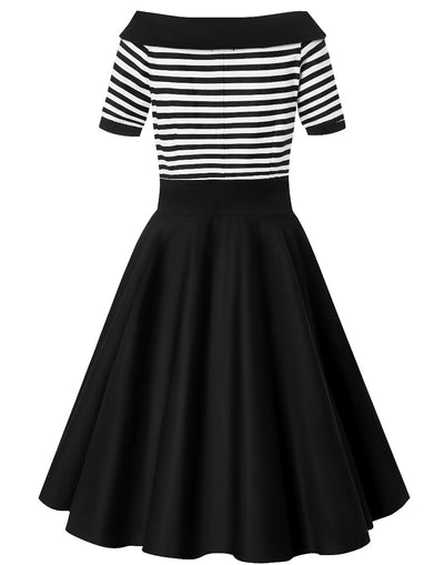 Bateau neckline Darlene dress, in black and write stripes, back view