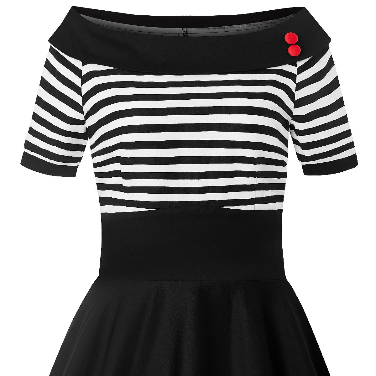 Bateau neckline Darlene dress, in black and write stripes, close up view