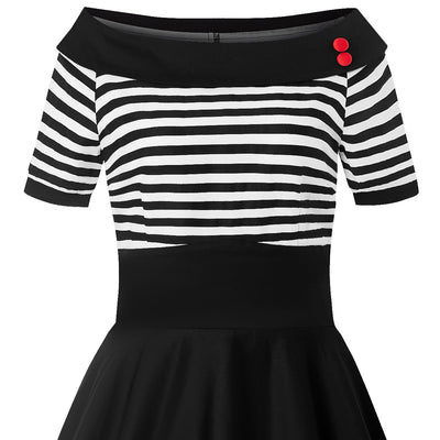 Bateau neckline Darlene dress, in black and write stripes, close up view
