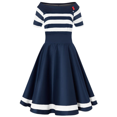 Navy blue/white striped vintage dress with roll collar