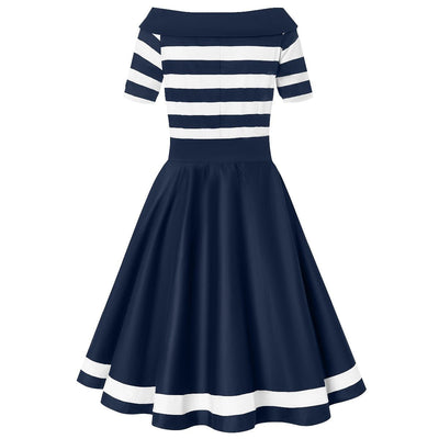 Navy blue/white striped vintage dress with roll collar back view