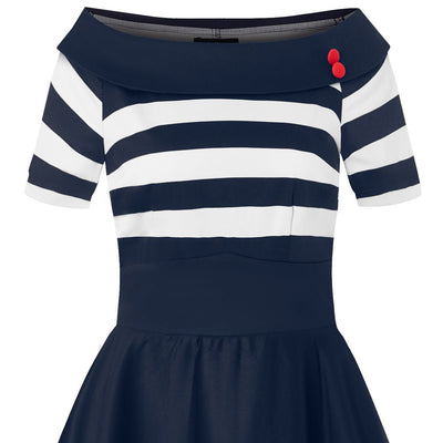 Navy blue/white striped vintage dress with roll collar close up
