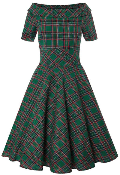 Darlene Vintage Swing Dress in Dark Green Plaid Print