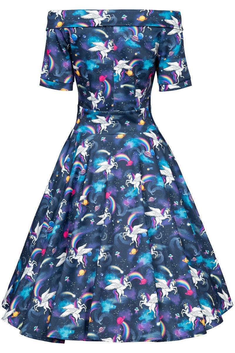 Blue bateau neckline dress with unicorn rainbow print back