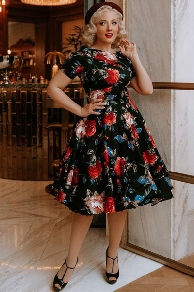 Women's Retro Floral Roses Swing Dress in Black