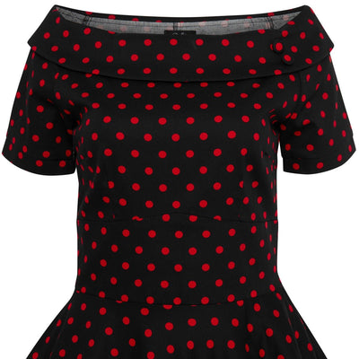 Darlene Retro Polka Dot Swing Dress in Black-Red