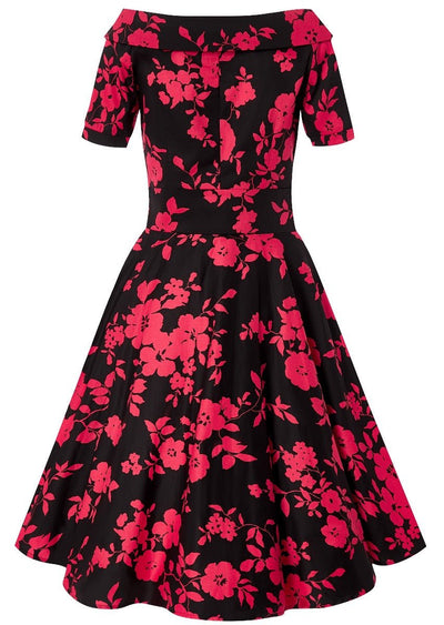 Bateau neckline Darlene dress, in black/red floral print, back view