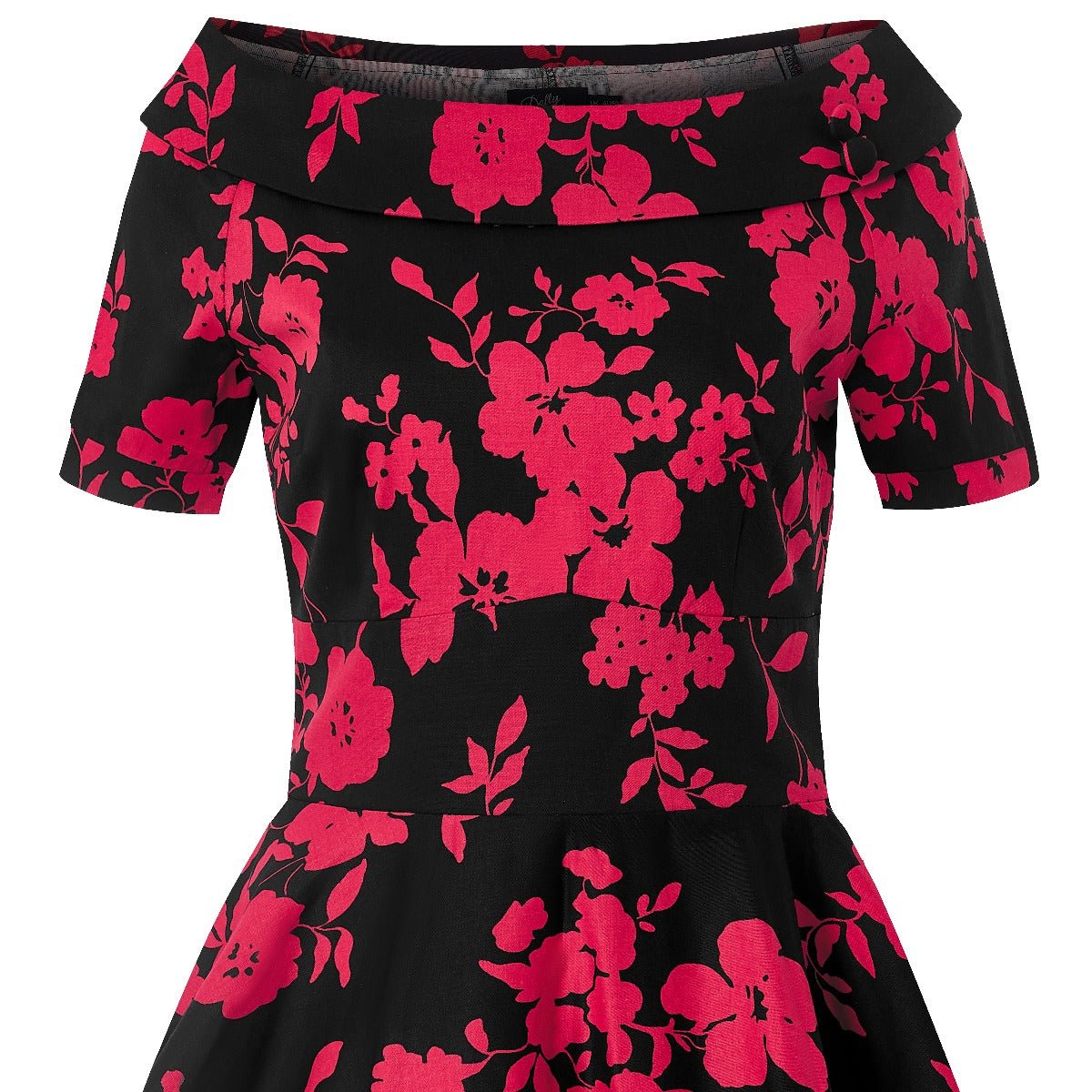 Bateau neckline Darlene dress, in black/red floral print, close up view