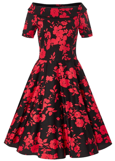 Bateau neckline Darlene dress, in black/red floral print, front view