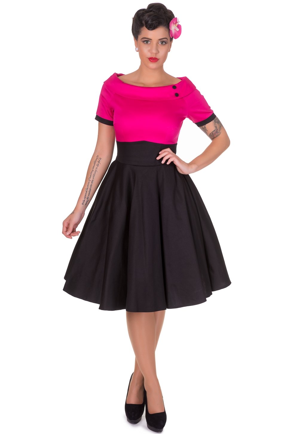 Darlene Retro Full Circle Swing Dress in Hot Pink/Black