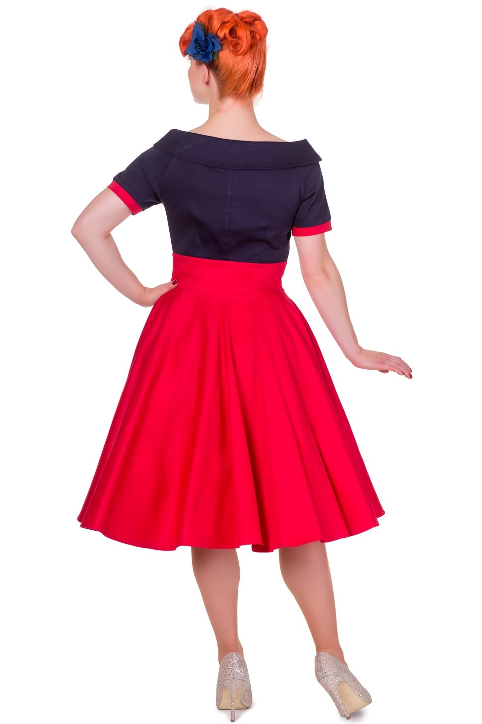 Darlene Retro Full Circle Swing Dress in Navy Blue-Red