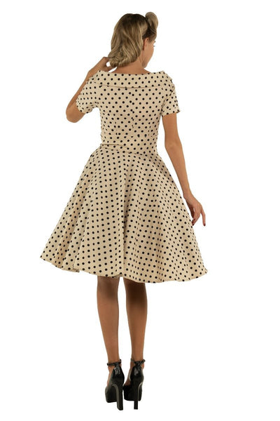 Retro Polka Dot Swing Dress in Beige