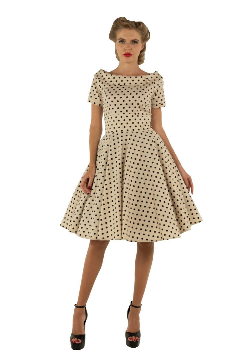 Retro Polka Dot Swing Dress in Beige