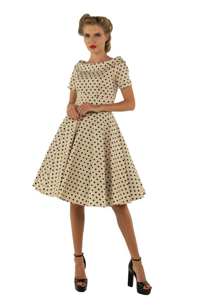 Retro Polka Dot Swing Dress in Beige
