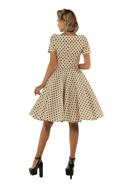 Retro Polka Dot Swing Dress in Beige