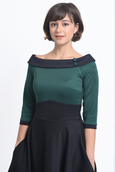 Deborah Flattering Long Sleeves Swing Tea Dress Green & Black