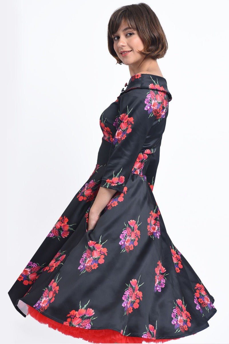 Deborah Long Sleeves Swing Dress in Black with Pink Flowers