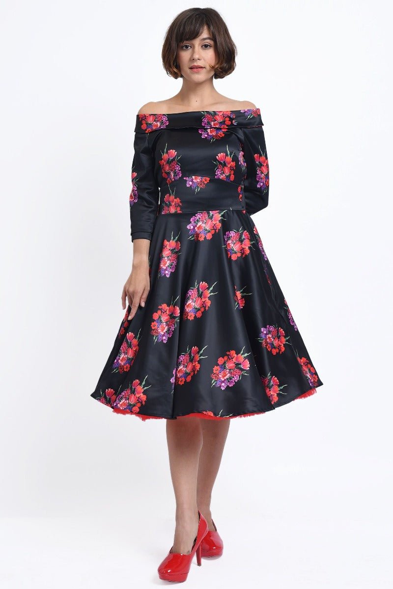 Deborah Long Sleeves Swing Dress in Black with Pink Flowers