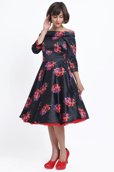 Deborah Long Sleeves Swing Dress in Black with Pink Flowers