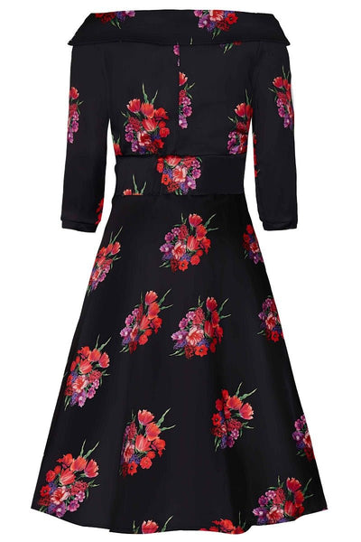 Deborah Long Sleeves Swing Dress in Black with Pink Flowers