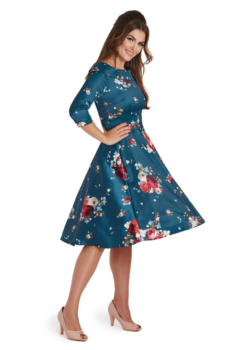 Deborah Long Sleeves Swing Tea Dress Teal Blue Red & Pink Roses