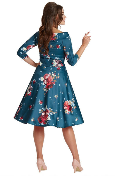 Deborah Long Sleeves Swing Tea Dress Teal Blue Red & Pink Roses