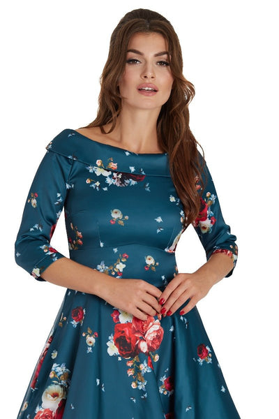 Deborah Long Sleeves Swing Tea Dress Teal Blue Red & Pink Roses