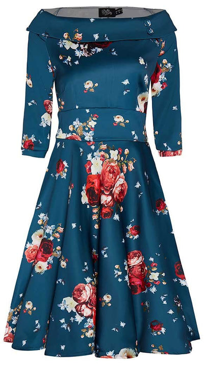 Deborah Long Sleeves Swing Tea Dress Teal Blue Red & Pink Roses